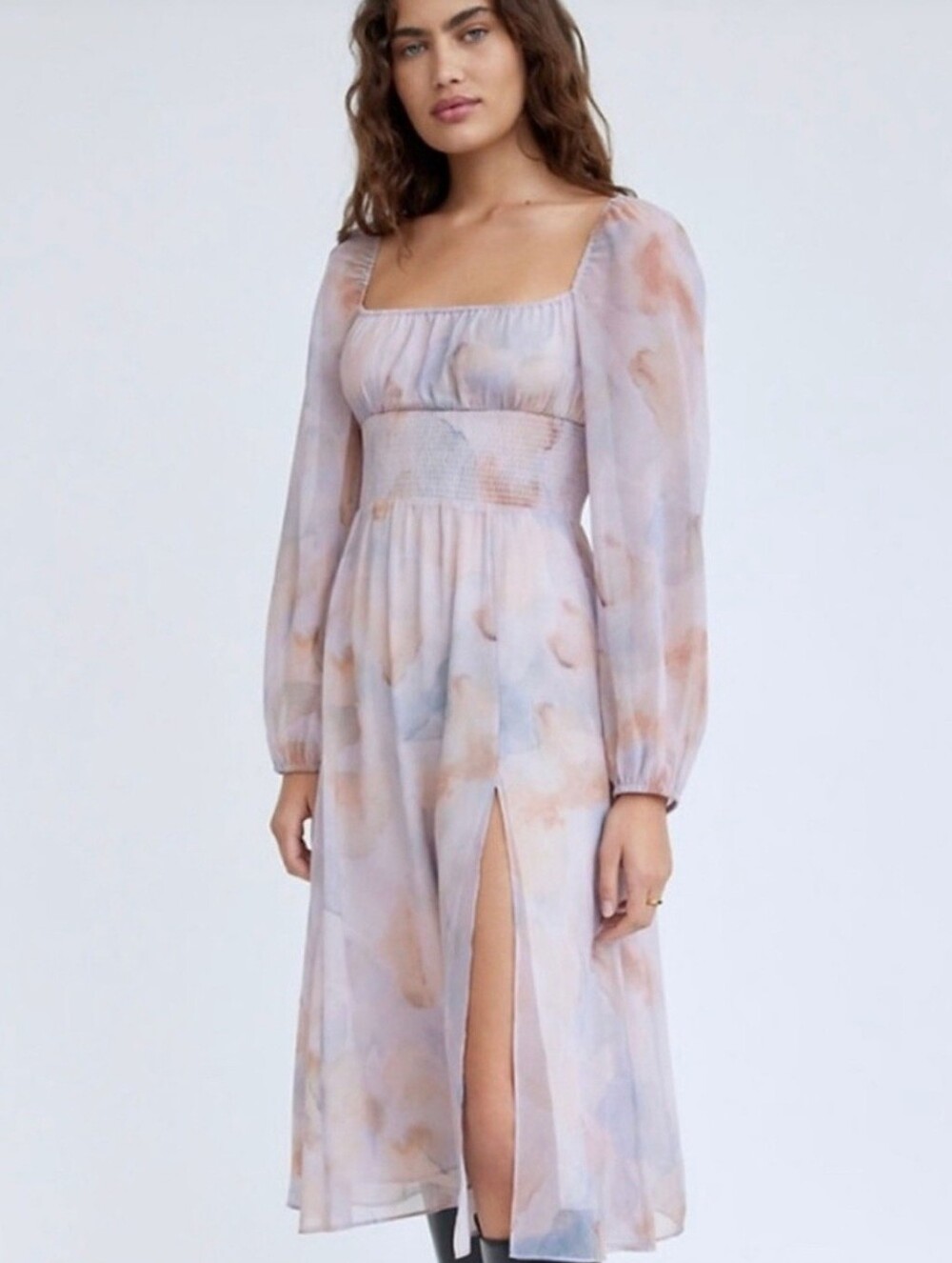 Aritzia Wilfred Bella Slit Midi Long Sleeve Watercolour Pastel Floral Print Sz M